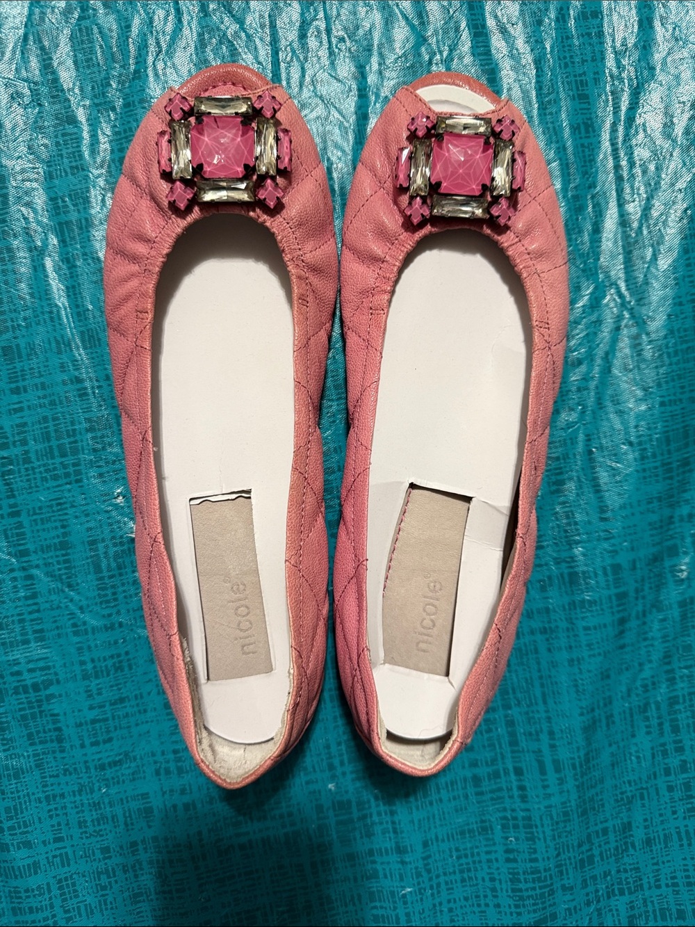Nicole Pink Quilted Ballet Flats with Jewel Buckle